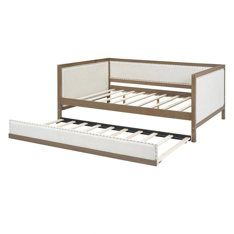 Full Size Linen Upholstered Daybed with Trundle and Nailhead