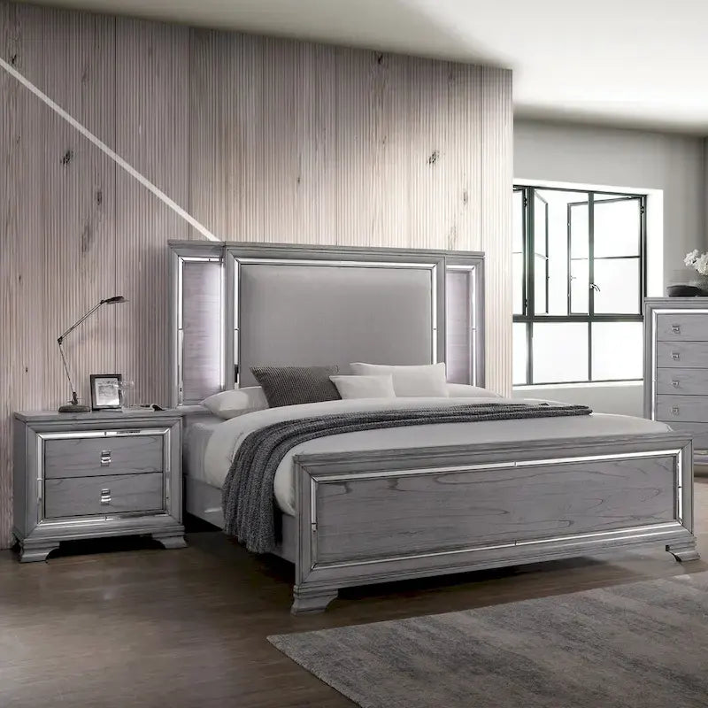 Furniture of America Taia Contemporary Grey 2-Piece Panel Bed and Nightstand Set with LED