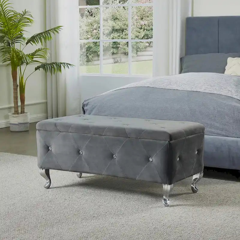 Upholstered Rectangular Storage Ottoman Bench with Crystal Buttons