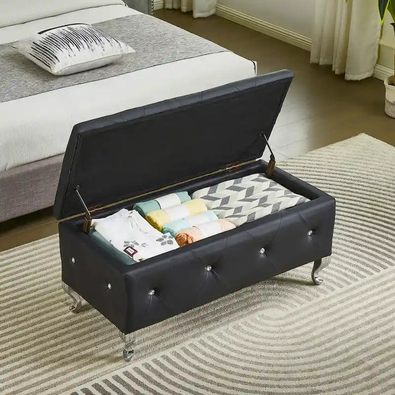 Upholstered Rectangular Storage Ottoman Bench with Crystal Buttons