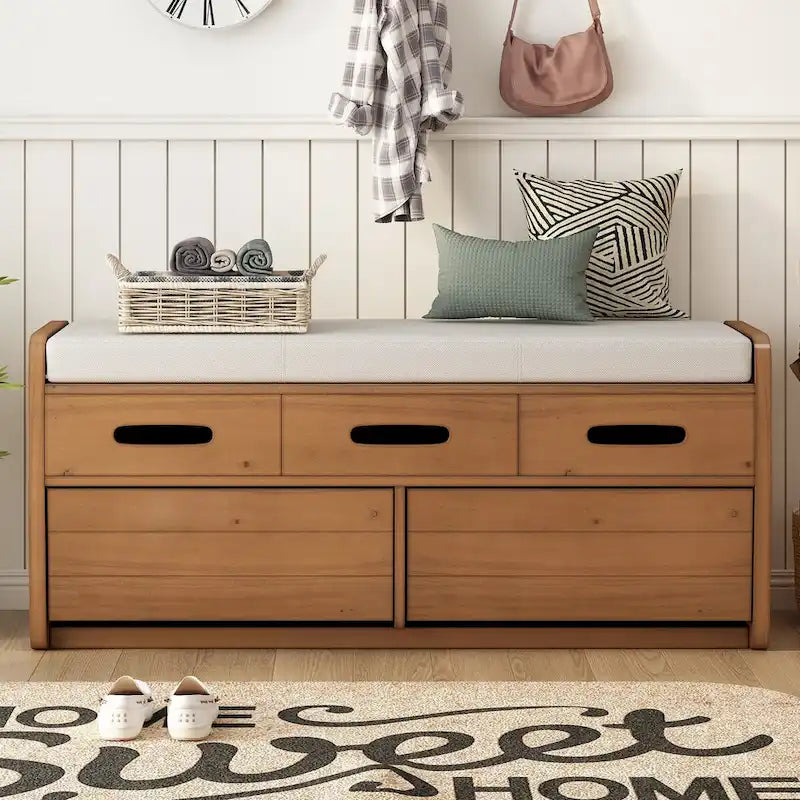 Rustic Storage Bench with 2 Drawers, Hidden Storage Space, and 3 False Drawers at the Top, Shoe Bench for Living Room