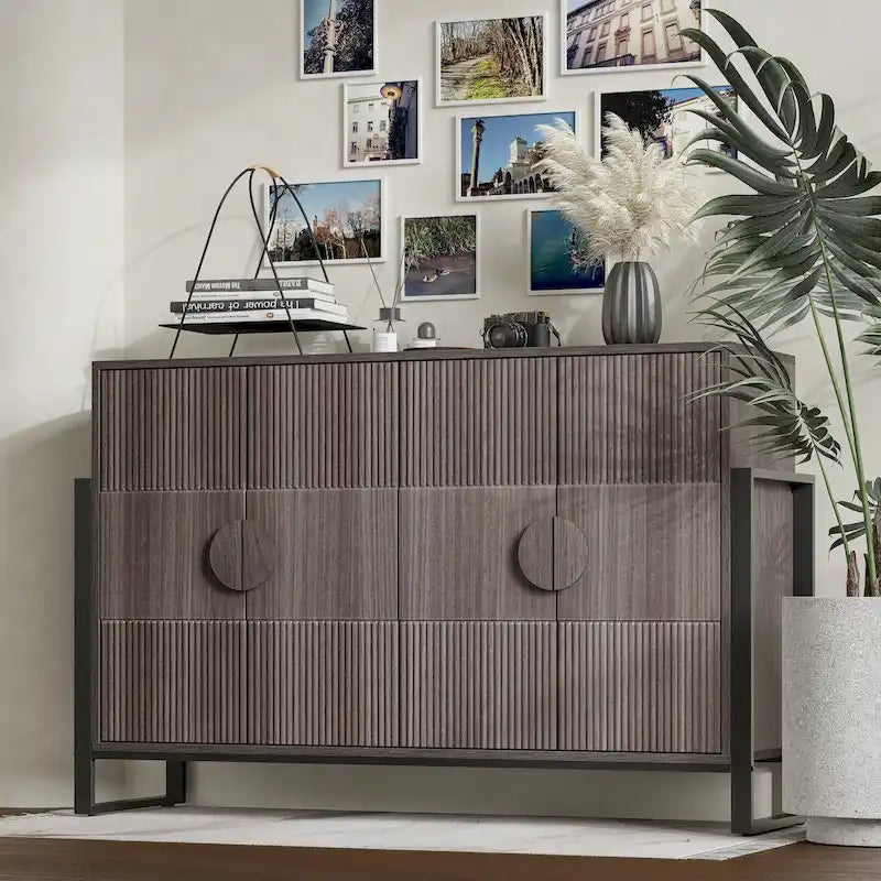 COZAYH Storage Cabinet Fluted Sideboard with 4 Doors, Modern Farmhouse Buffet Cabinet with Adjustable Shelves, Grey Wash