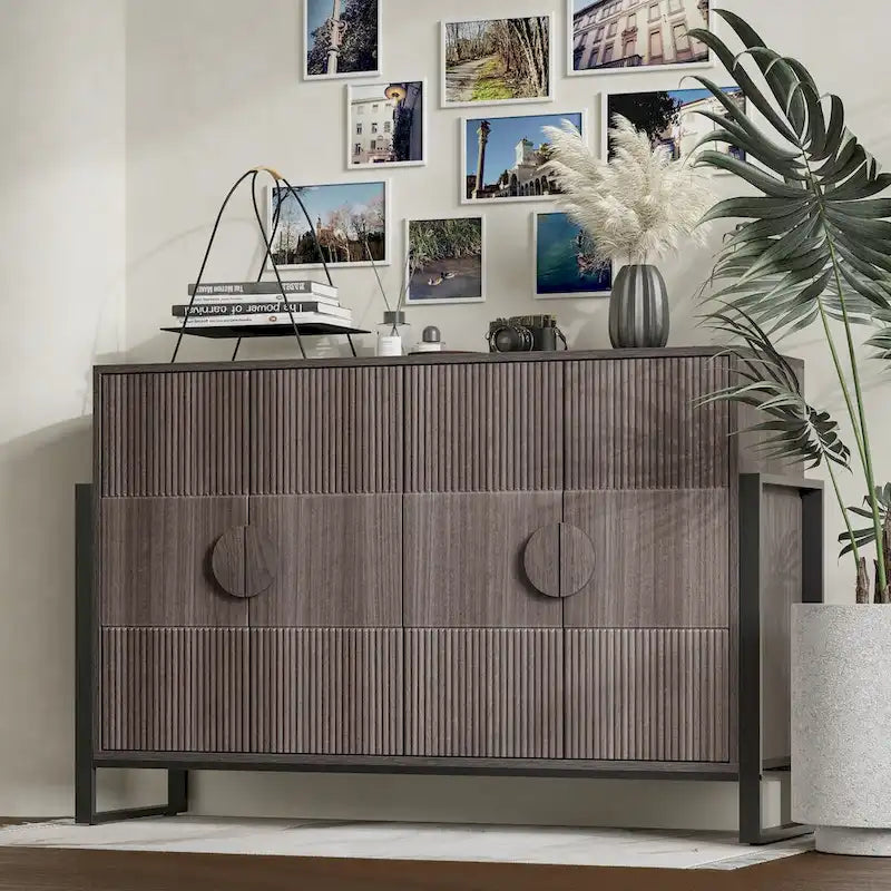 COZAYH Storage Cabinet Fluted Sideboard with 4 Doors, Modern Farmhouse Buffet Cabinet with Adjustable Shelves, Grey Wash