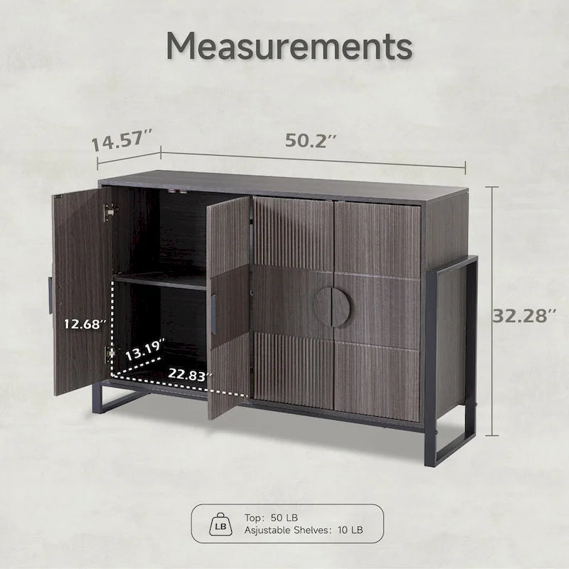 COZAYH Storage Cabinet Fluted Sideboard with 4 Doors, Modern Farmhouse Buffet Cabinet with Adjustable Shelves, Grey Wash
