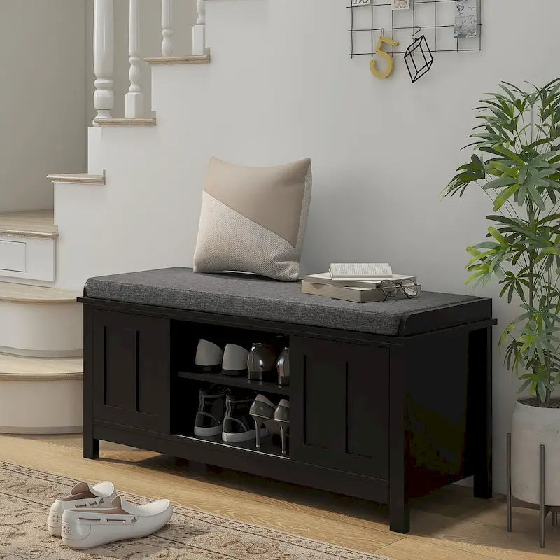 Entryway Shoe Rack Bench with Sliding Doors and Adjustable Shelving