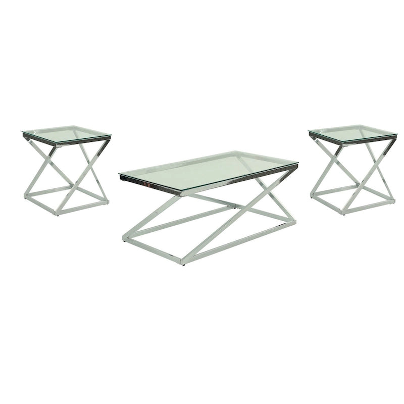 Gen Coffee and End Table Set of 3, Tempered Glass Top, Chrome Metal Base