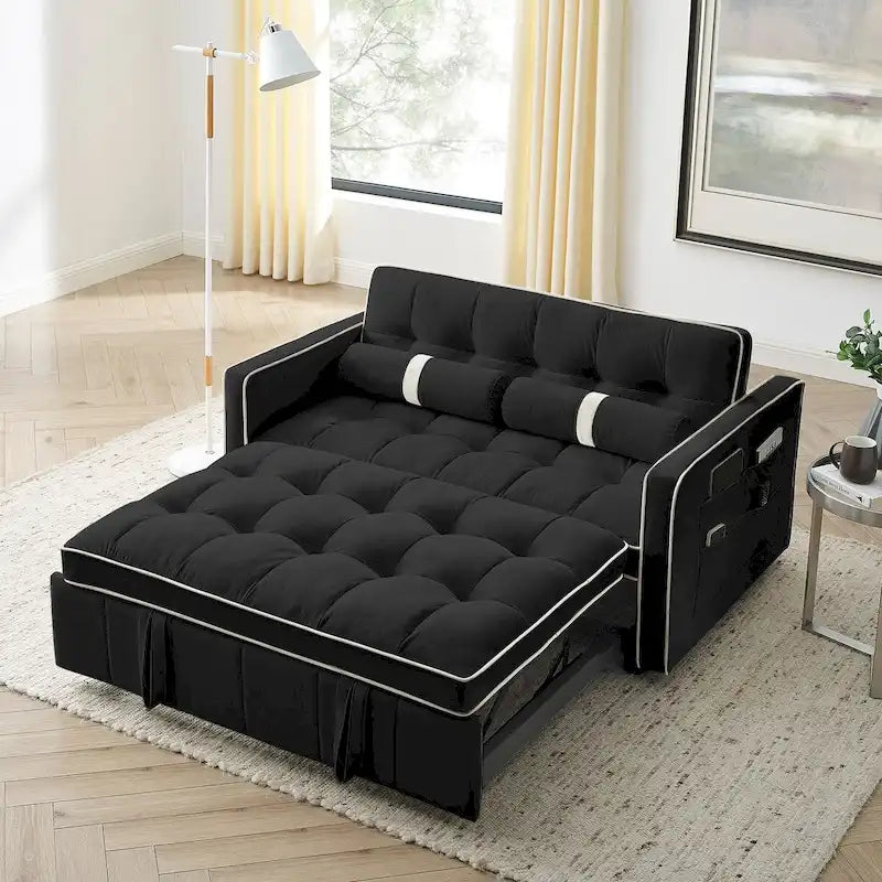 Modern 55.5 Pull Out Sleep Sofa Bed 2 Seater Loveseats Sofa Couch with side pockets, Adjsutable Backrest and Lumbar Pillow
