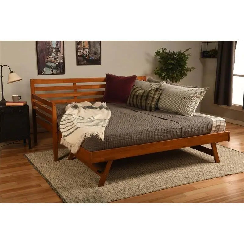 Solid Wood Daybed Frame with Twin Pop-Up Trundle Bed
