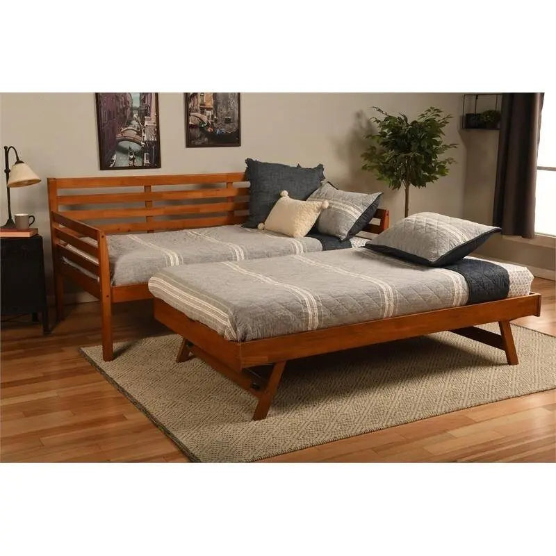 Solid Wood Daybed Frame with Twin Pop-Up Trundle Bed